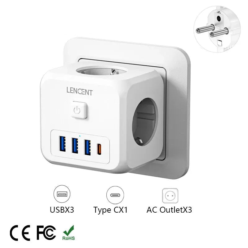 Enchufe con multiples puertos usb, Cubo del enchufe de 3 USB, extensor de enchufe de pared con 3 salidas de CA y tipo C, base múltiple enchufes sin cable - EBEPEX