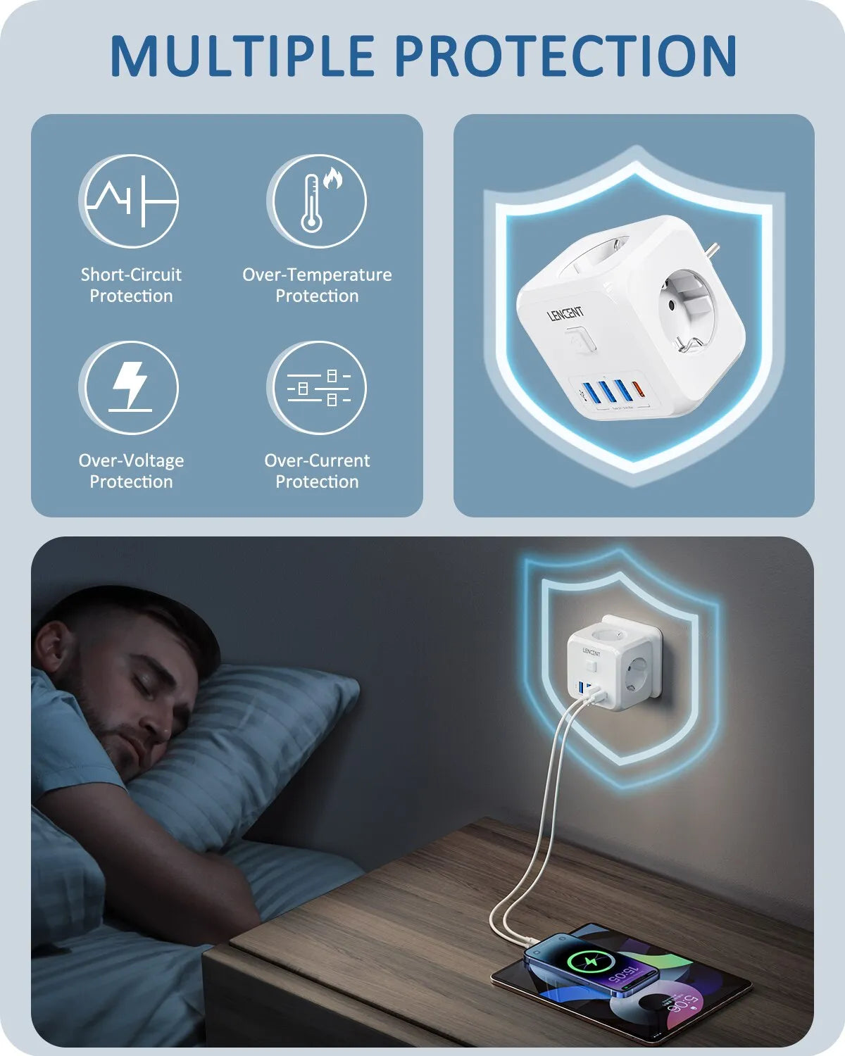 Enchufe con multiples puertos usb, Cubo del enchufe de 3 USB, extensor de enchufe de pared con 3 salidas de CA y tipo C, base múltiple enchufes sin cable - EBEPEX