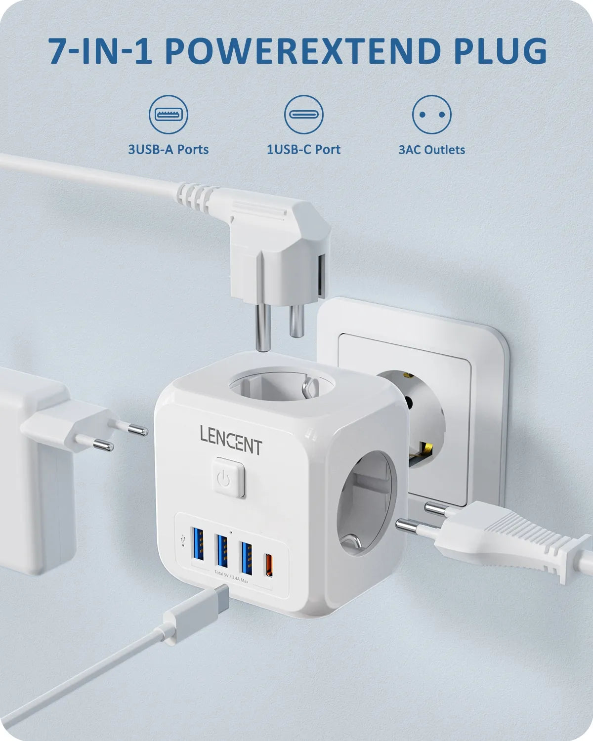 Enchufe con multiples puertos usb, Cubo del enchufe de 3 USB, extensor de enchufe de pared con 3 salidas de CA y tipo C, base múltiple enchufes sin cable - EBEPEX