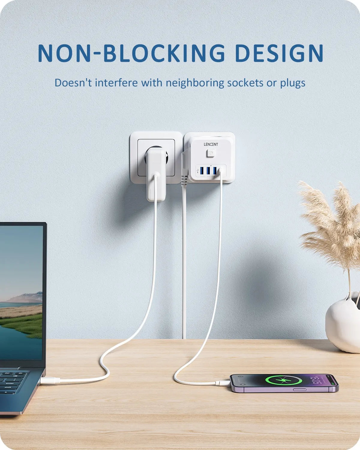 Enchufe con multiples puertos usb, Cubo del enchufe de 3 USB, extensor de enchufe de pared con 3 salidas de CA y tipo C, base múltiple enchufes sin cable - EBEPEX