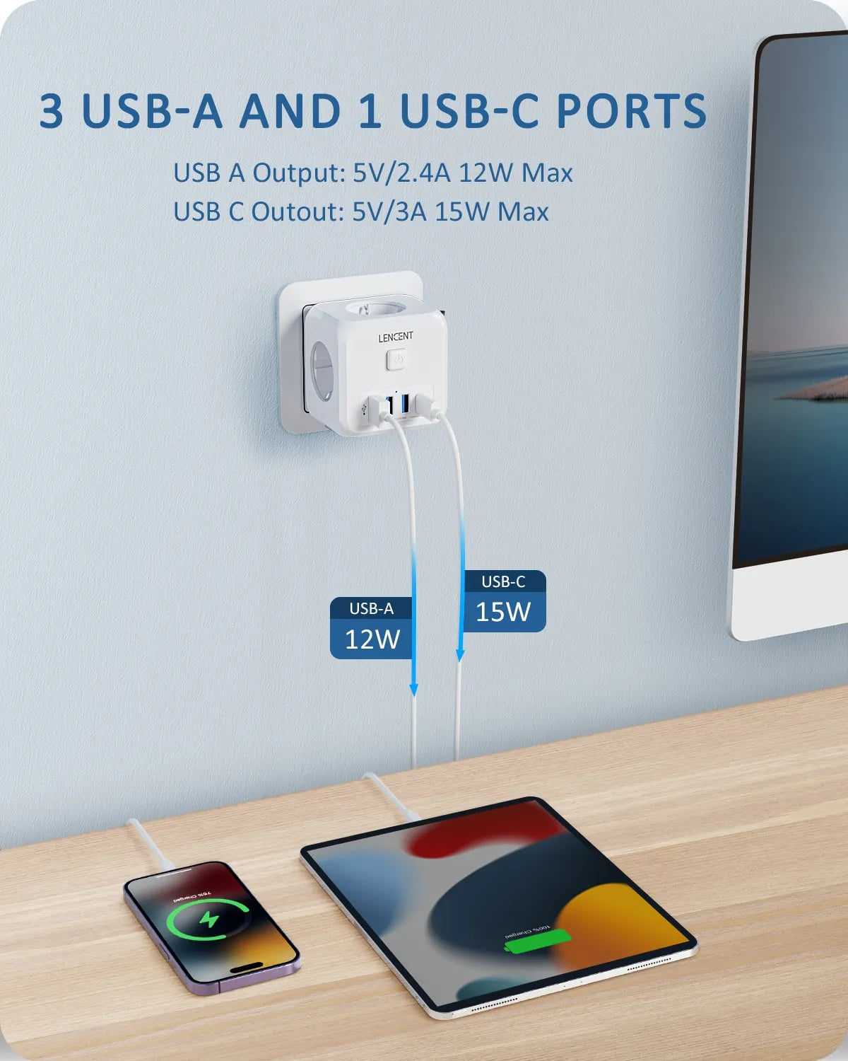 Enchufe con multiples puertos usb, Cubo del enchufe de 3 USB, extensor de enchufe de pared con 3 salidas de CA y tipo C, base múltiple enchufes sin cable - EBEPEX