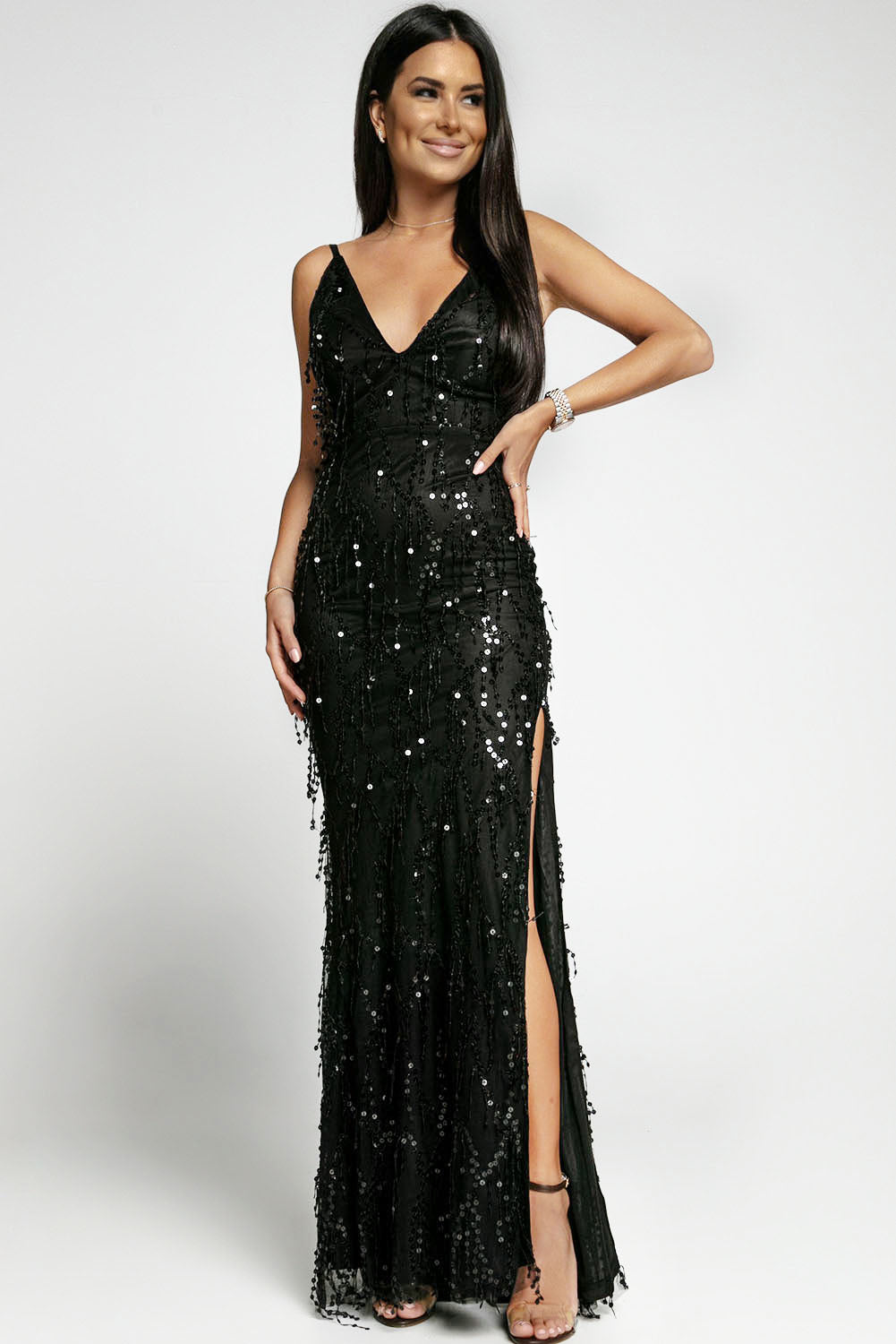 Black Slit Deep V Neck Sequined Fringe Evening Gown - EBEPEX