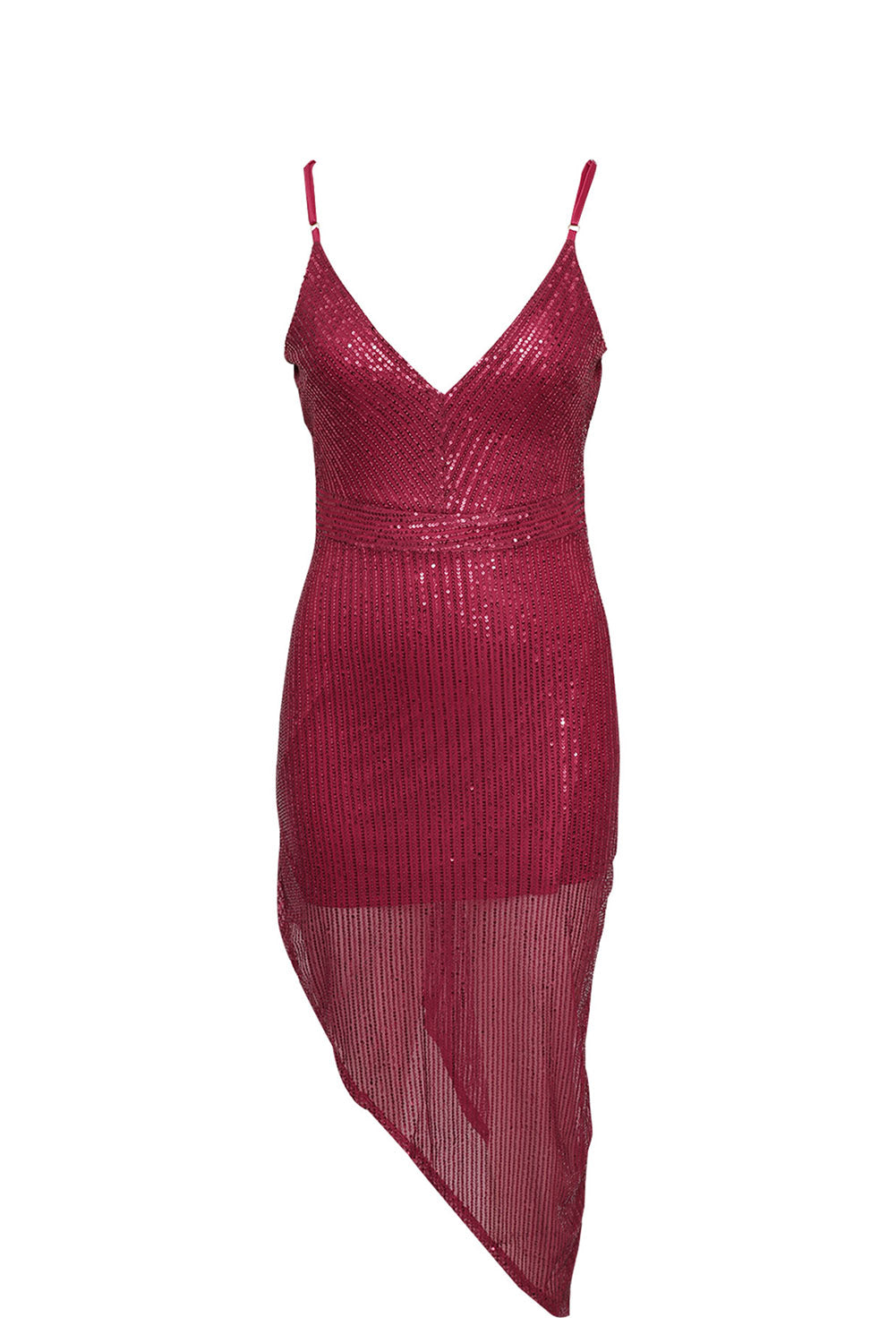 Red V Neck Bodycon Sequin Dress - EBEPEX