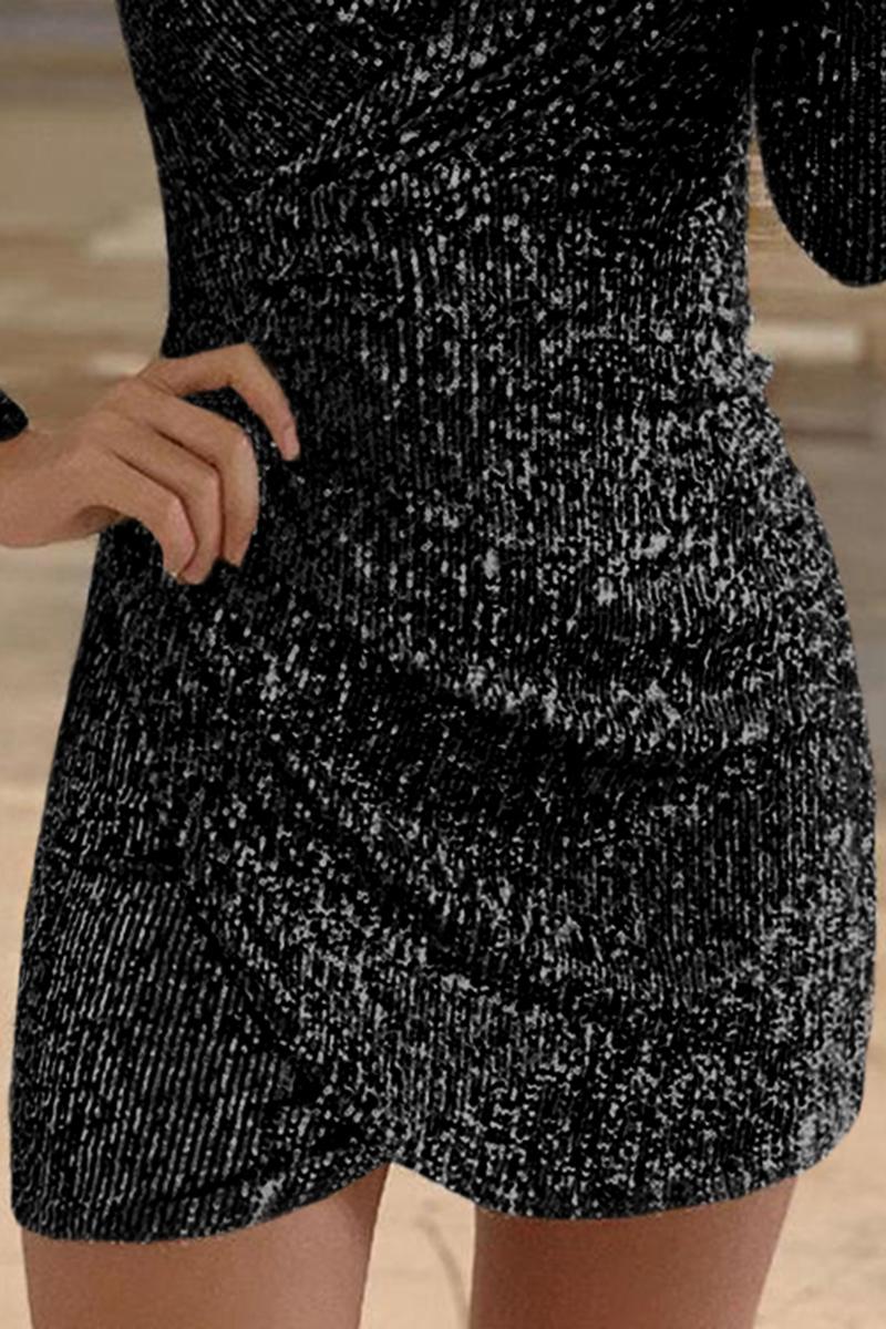 Black Surplice Wrap Ruched Sequin Bodycon Dress - EBEPEX