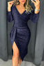Blue Glitter Ruched Thigh Slit Party Metallic Dress