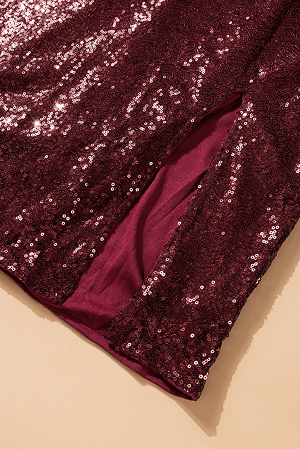 Wine Red Sequin Side Slit Cami Dress - EBEPEX