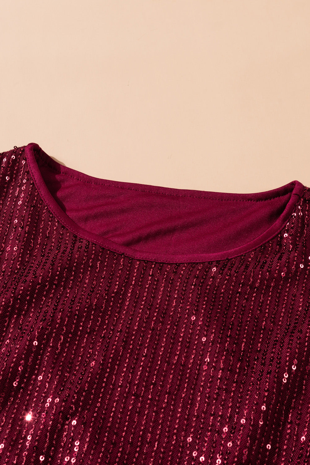 Wine Red Loose Long Sleeve Sequin Dress with Sash - EBEPEX