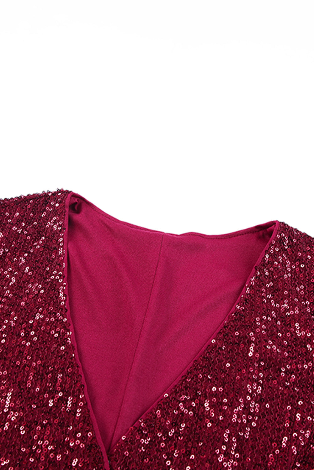 Red Deep V Neck Bell Sleeve Sequin Dress - EBEPEX