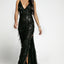 Black Slit Deep V Neck Sequined Fringe Evening Gown - EBEPEX
