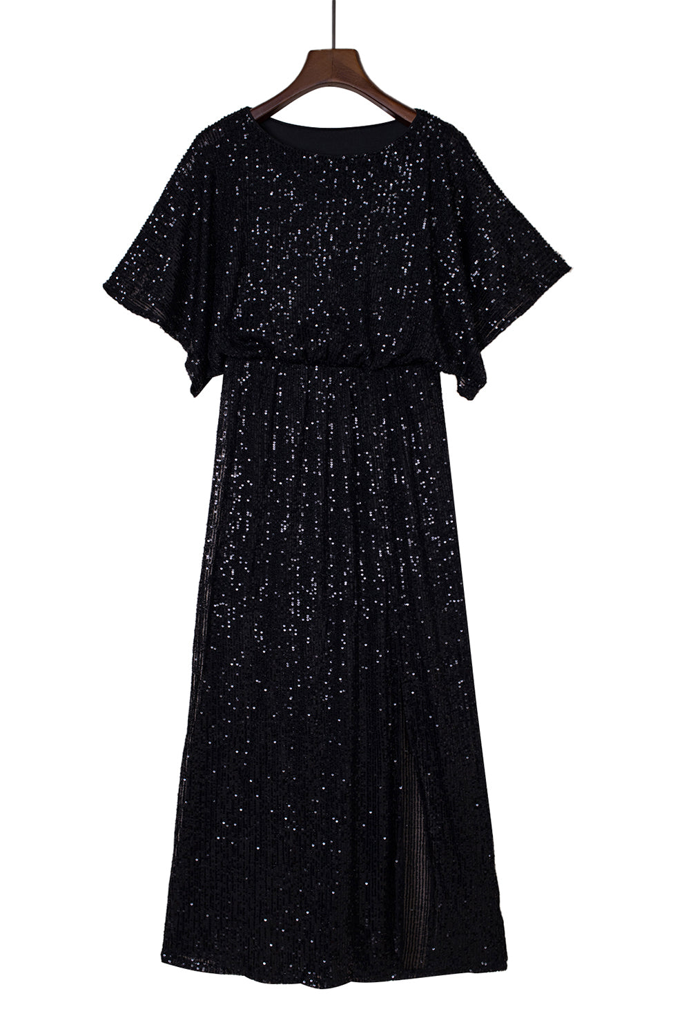 Black Side Slit Crew Neck Sequin Maxi Dress - EBEPEX