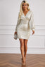 Apricot Deep V Neck Lantern Sleeve Sequin Dress