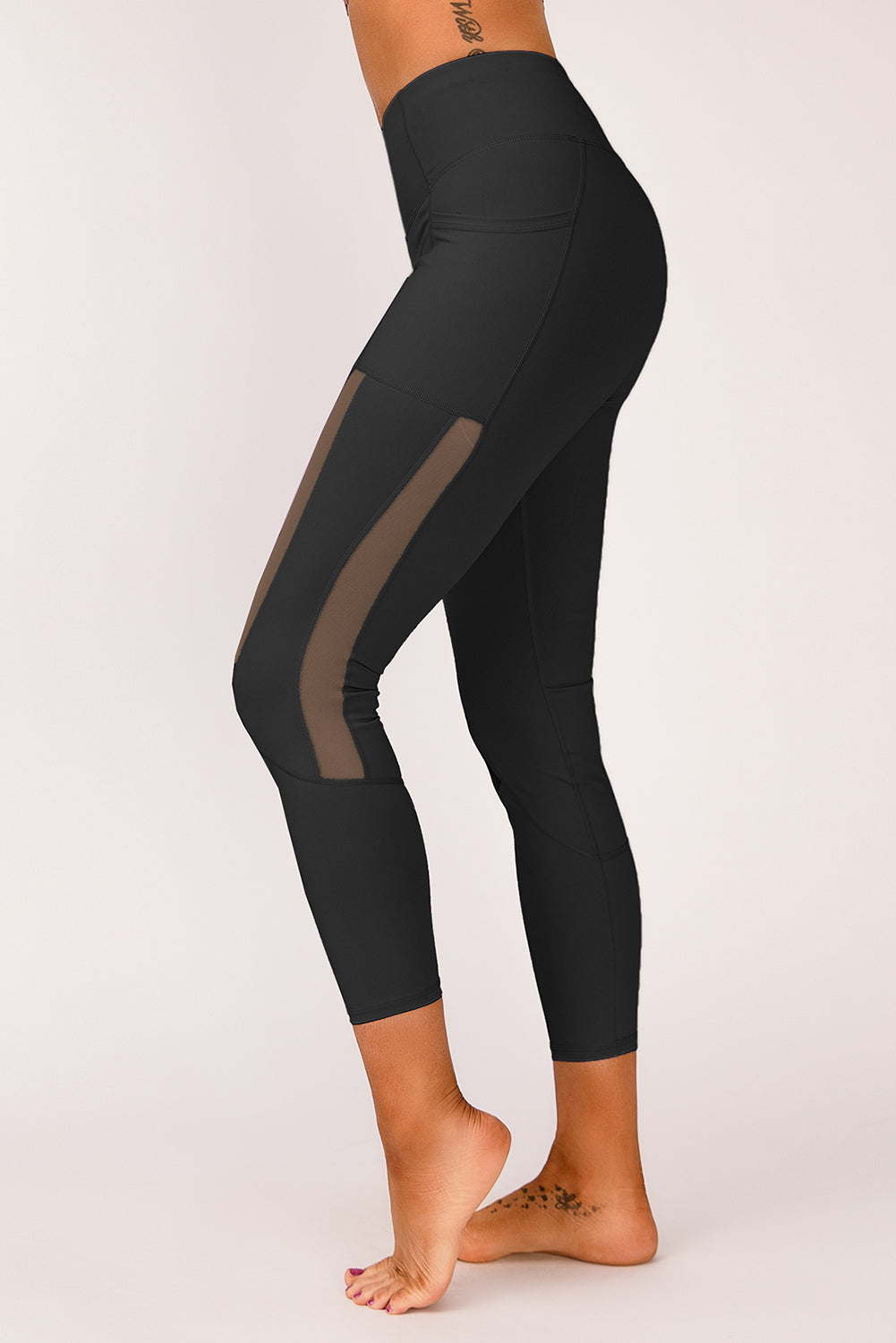 Black Mesh Side Splicing High Waist Yoga Sports Leggings with Phone Pocket - EBEPEX