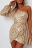 Apricot One-shoulder Lantern Sleeve Sequins Tied Waist Mini Dress