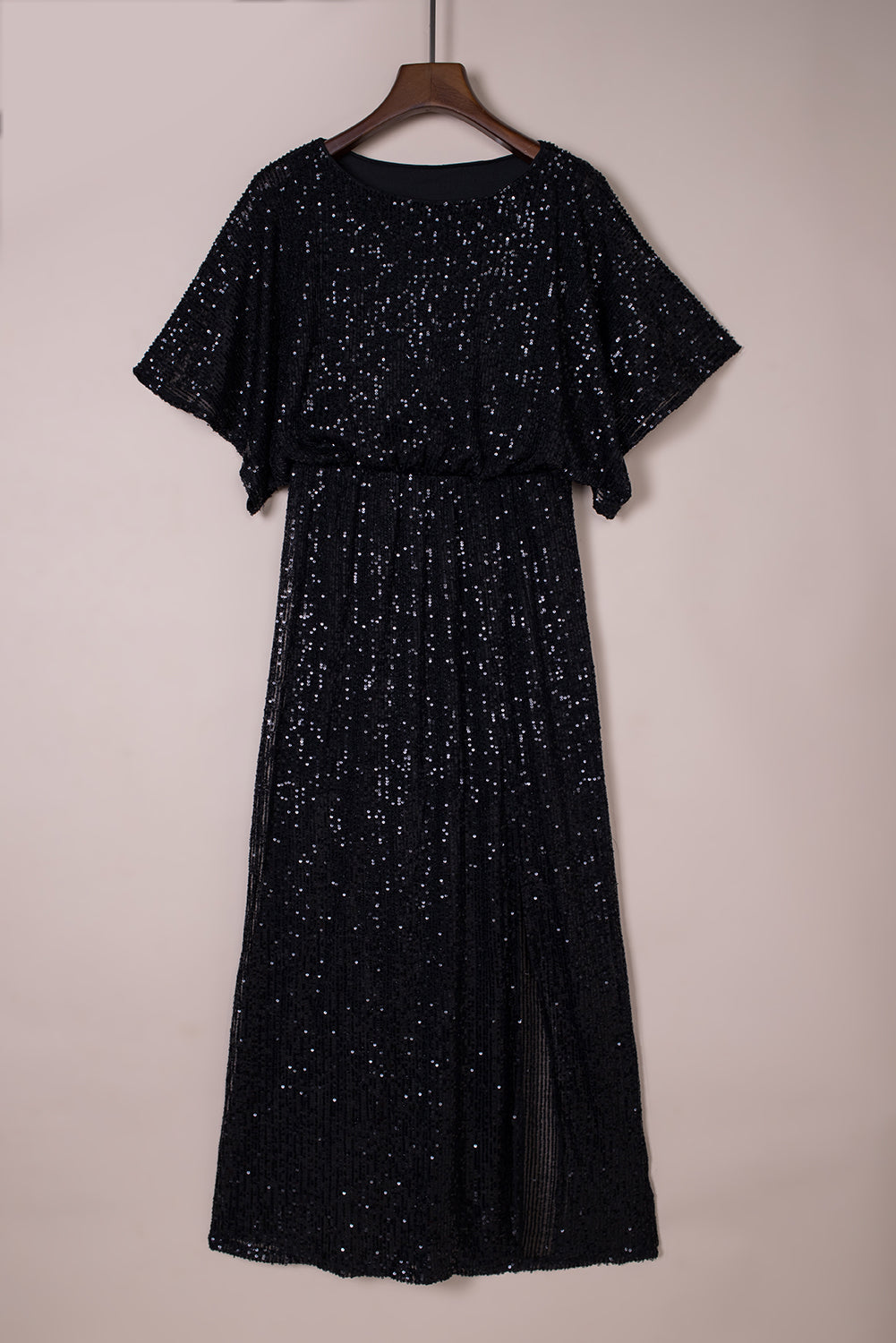 Black Side Slit Crew Neck Sequin Maxi Dress - EBEPEX