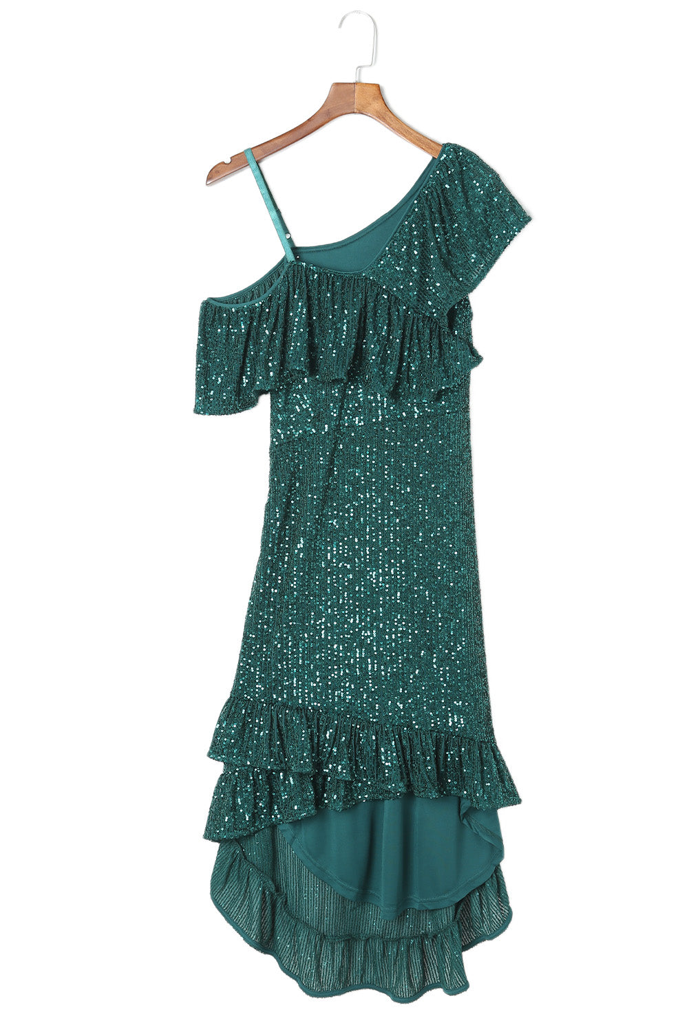 Green One-Shoulder Sling Ruffled Sequin Dress - EBEPEX