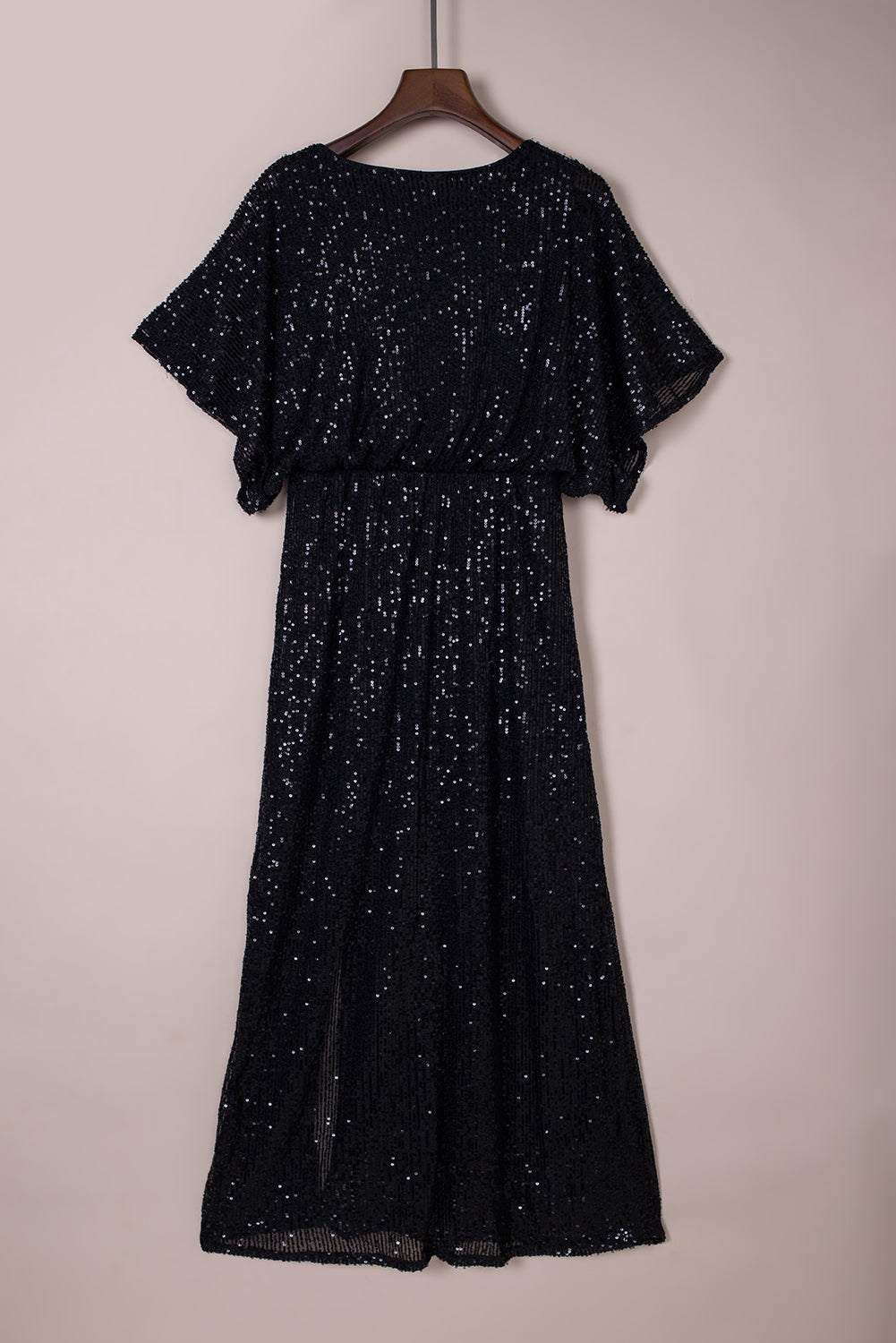 Black Side Slit Crew Neck Sequin Maxi Dress - EBEPEX