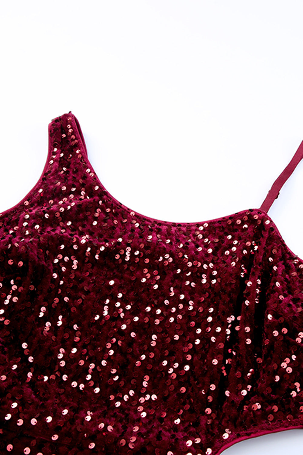 Red Sequins Spaghetti Straps Waist Cut-out Mini Dress - EBEPEX