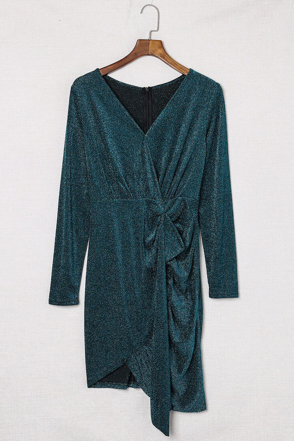Green Glitter Wrap Over Long Sleeve Sequin Dress