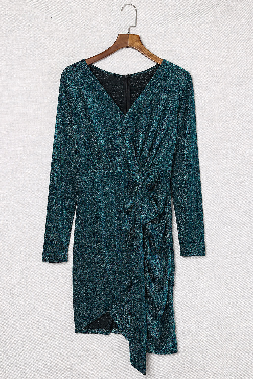 Green Glitter Wrap Over Long Sleeve Sequin Dress - EBEPEX