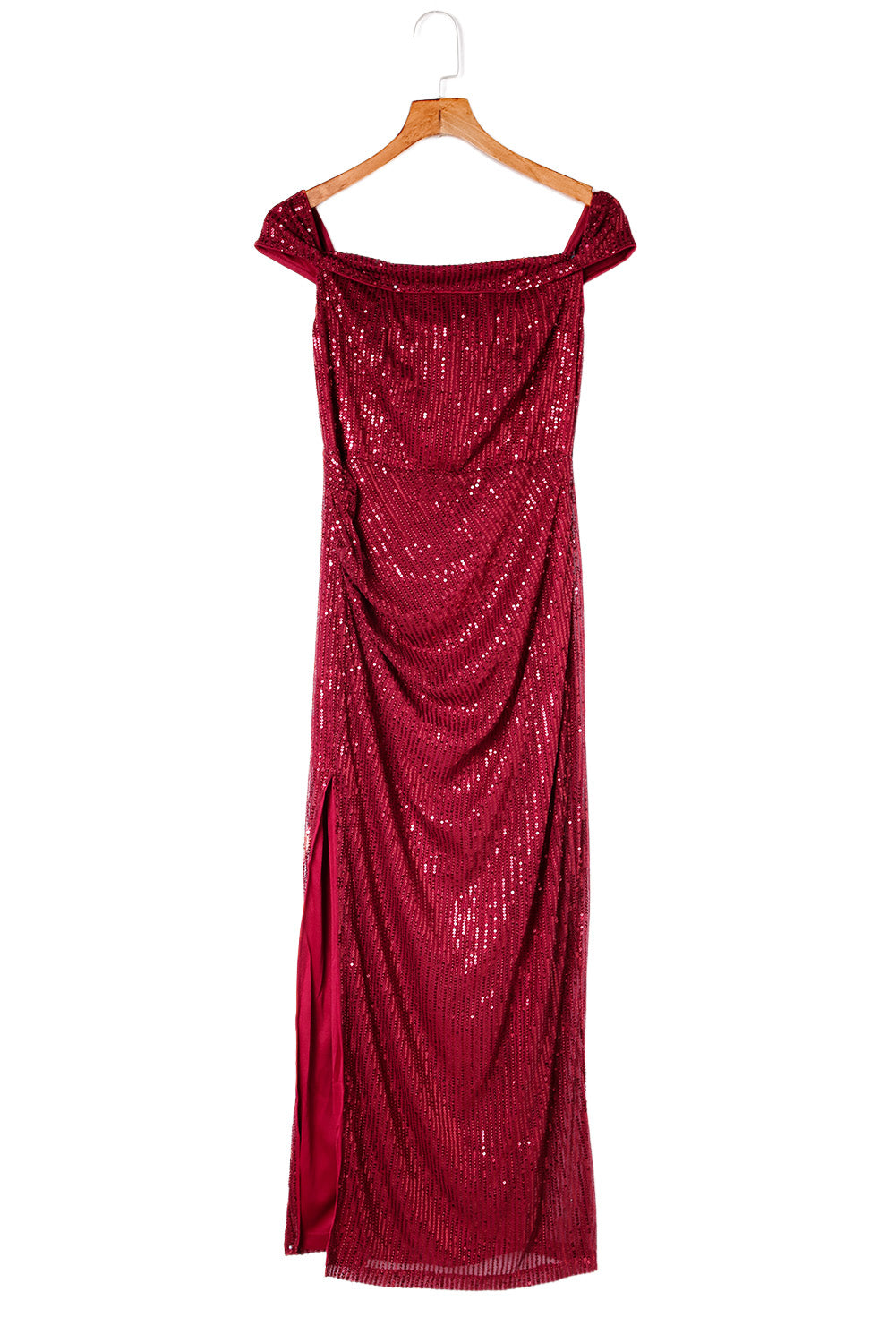 Red Off Shoulder Side Slit Bodycon Sequin Dress