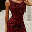 Red Sequins Spaghetti Straps Waist Cut-out Mini Dress - EBEPEX