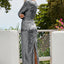Silver Long Sleeve V Neck Twist Ruched Sequin Party Maxi Dress - EBEPEX