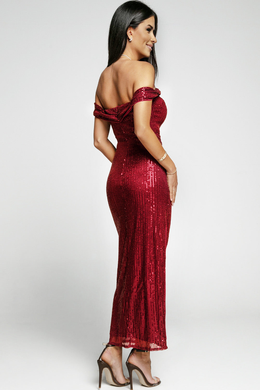 Red Off Shoulder Side Slit Bodycon Sequin Dress - EBEPEX