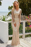 Apricot Sequin Fringe Sleeve Party Maxi Evening Dress