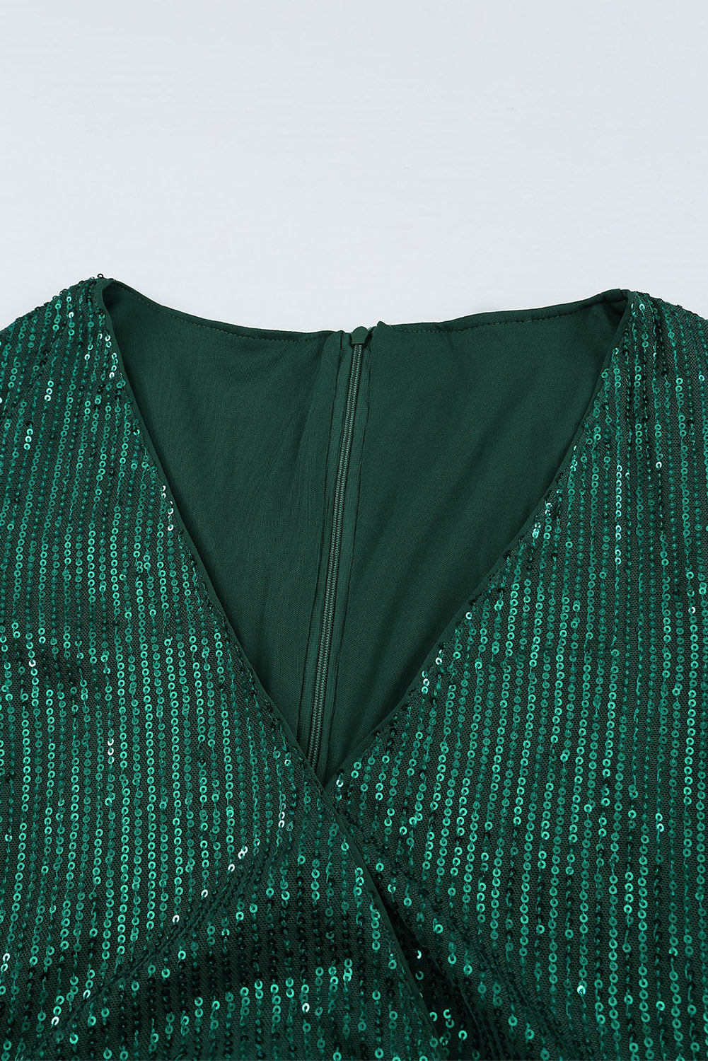 Green Sequin Deep V Neck Side Shirring Long Sleeve Mini Dress - EBEPEX