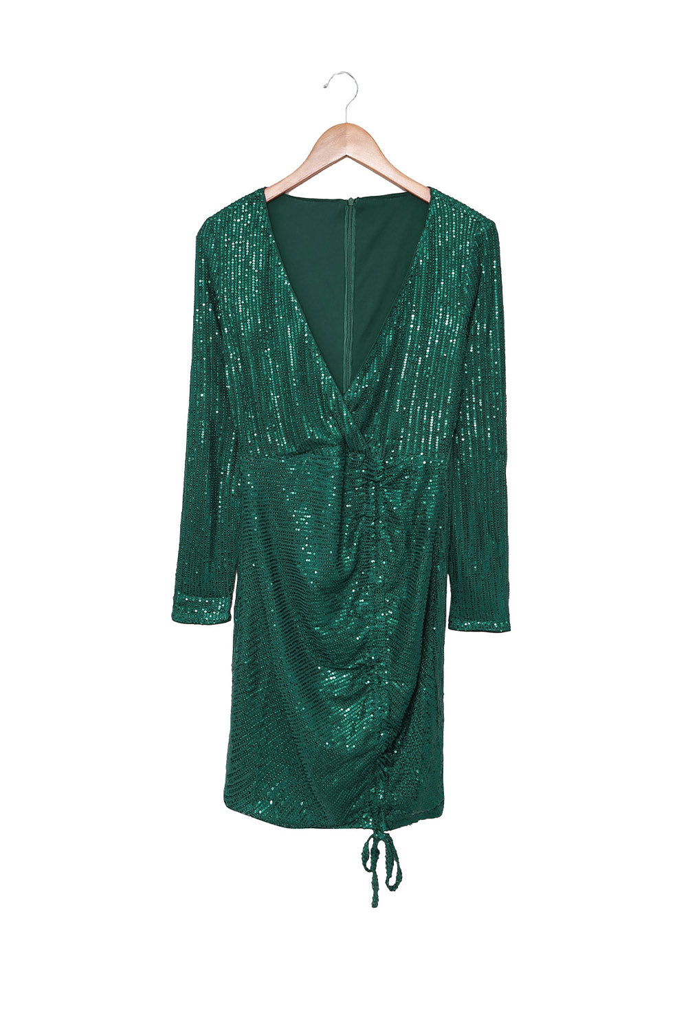 Green Sequin Deep V Neck Side Shirring Long Sleeve Mini Dress - EBEPEX