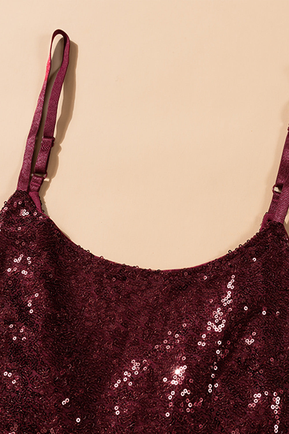 Wine Red Sequin Side Slit Cami Dress - EBEPEX