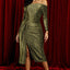 Green Off Shoulder Ruched Thigh High Slit Sequin Dress