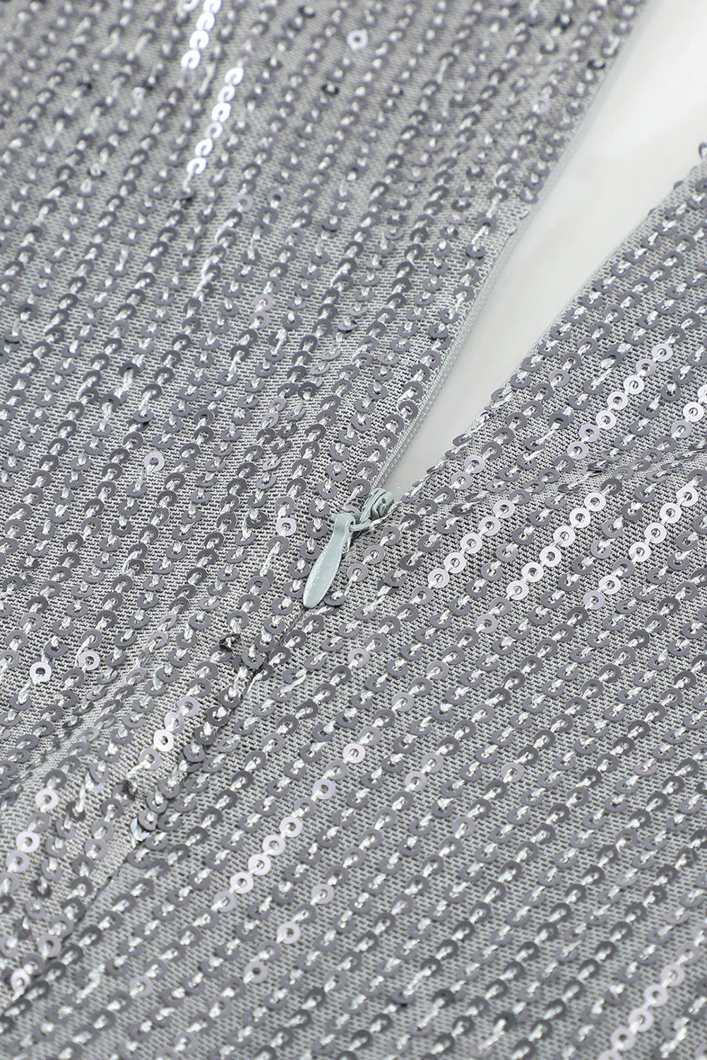 Gray Sequin Deep V Neck Side Shirring Long Sleeve Mini Dress - EBEPEX
