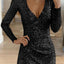 Black Surplice Wrap Ruched Sequin Bodycon Dress - EBEPEX