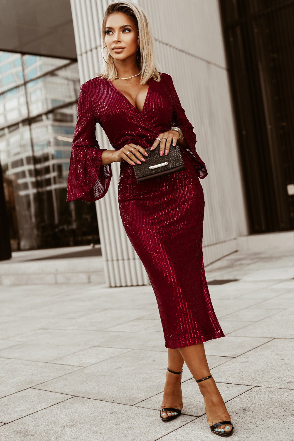 Red Deep V Neck Bell Sleeve Sequin Dress - EBEPEX