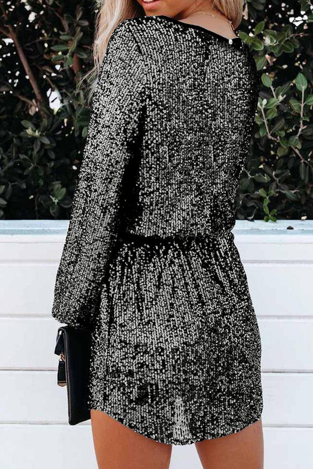Silvery Loose Long Sleeve Sequin Dress with Sash - EBEPEX