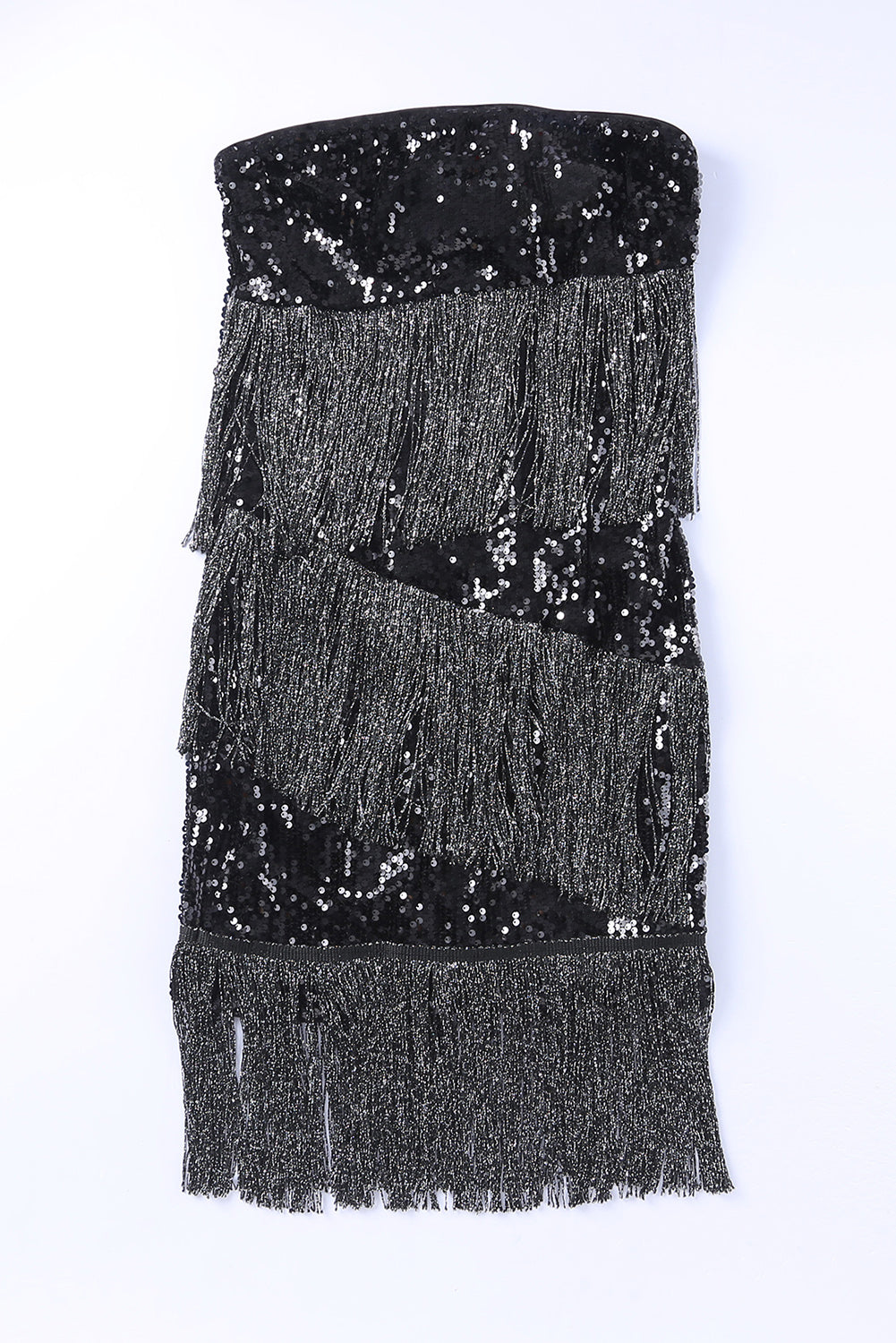 Black Strapless Fringe Skinny Sequin Dress - EBEPEX