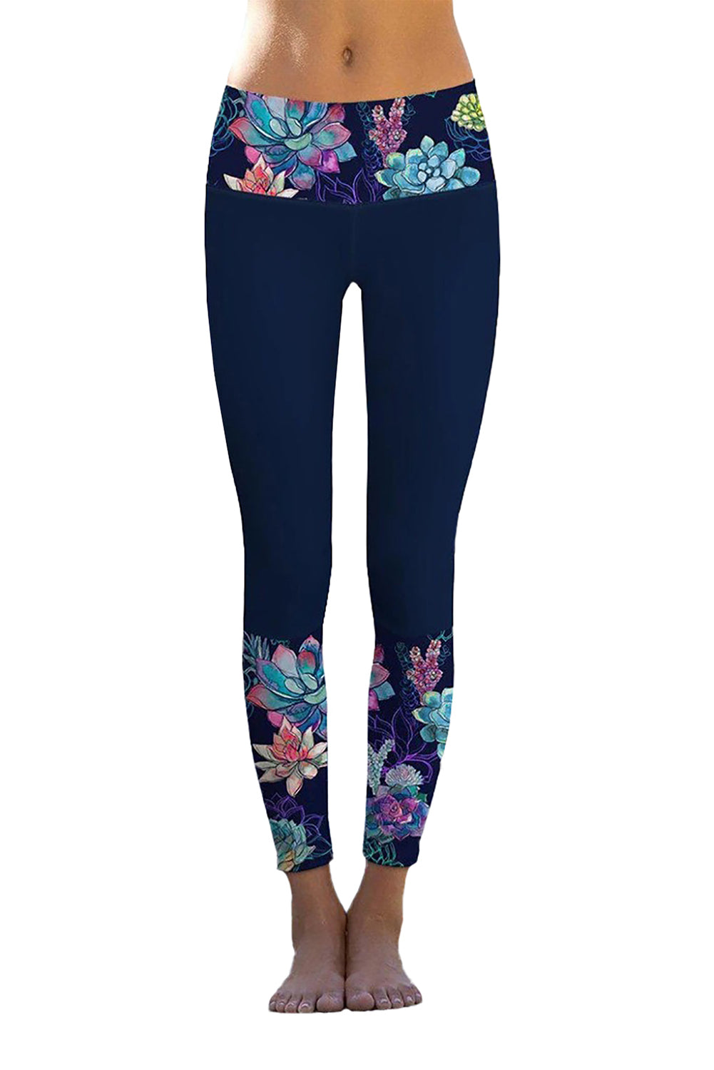 Navy Floral Printed Details Leggings Yoga Pants - EBEPEX