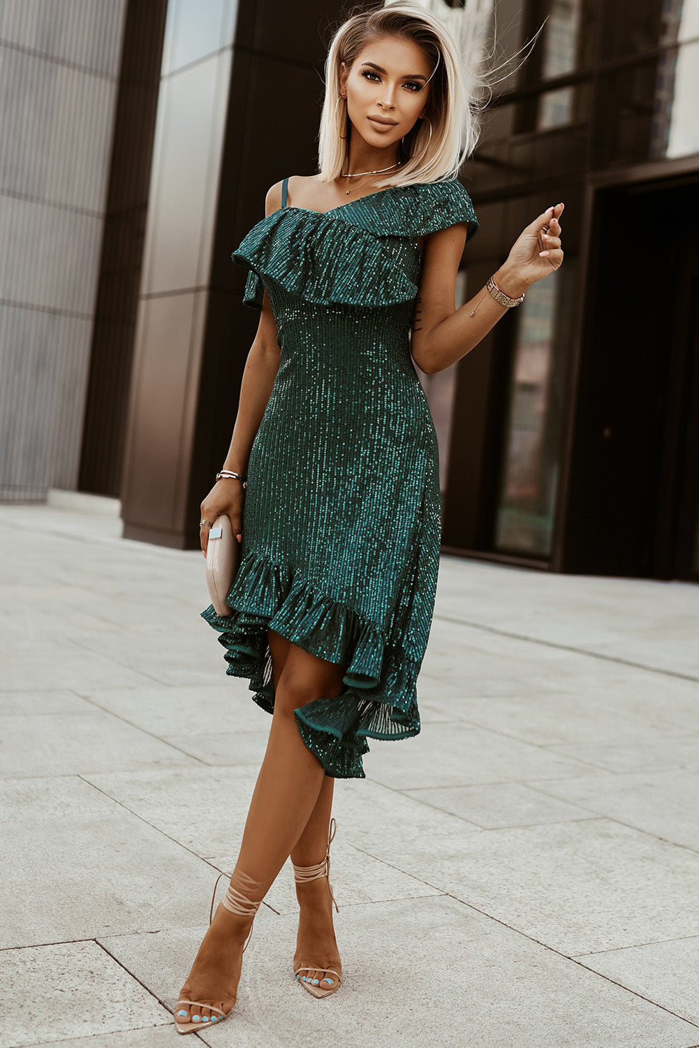 Green One-Shoulder Sling Ruffled Sequin Dress - EBEPEX