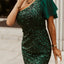 Green One-shoulder Flutter Sleeve Sequin Dress - EBEPEX