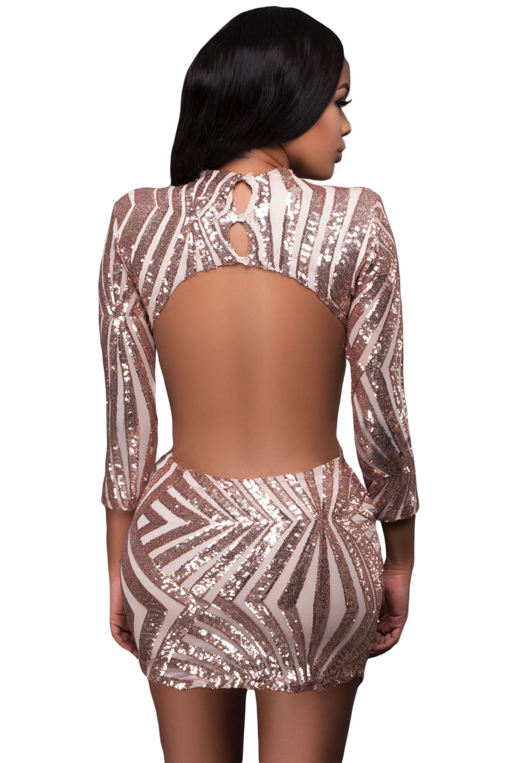 Champagne Sequin Detail Open Back Party Mini Dress