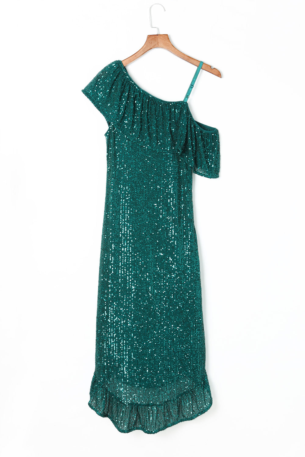 Green One-Shoulder Sling Ruffled Sequin Dress - EBEPEX