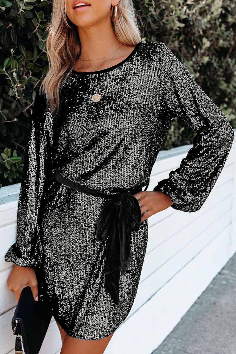 Silvery Loose Long Sleeve Sequin Dress with Sash - EBEPEX