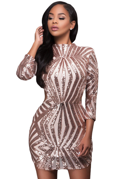 Champagne Sequin Detail Open Back Party Mini Dress - EBEPEX