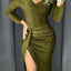 Green Glitter Ruched Thigh Slit Party Metallic Dress - EBEPEX