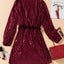 Wine Red Loose Long Sleeve Sequin Dress with Sash - EBEPEX