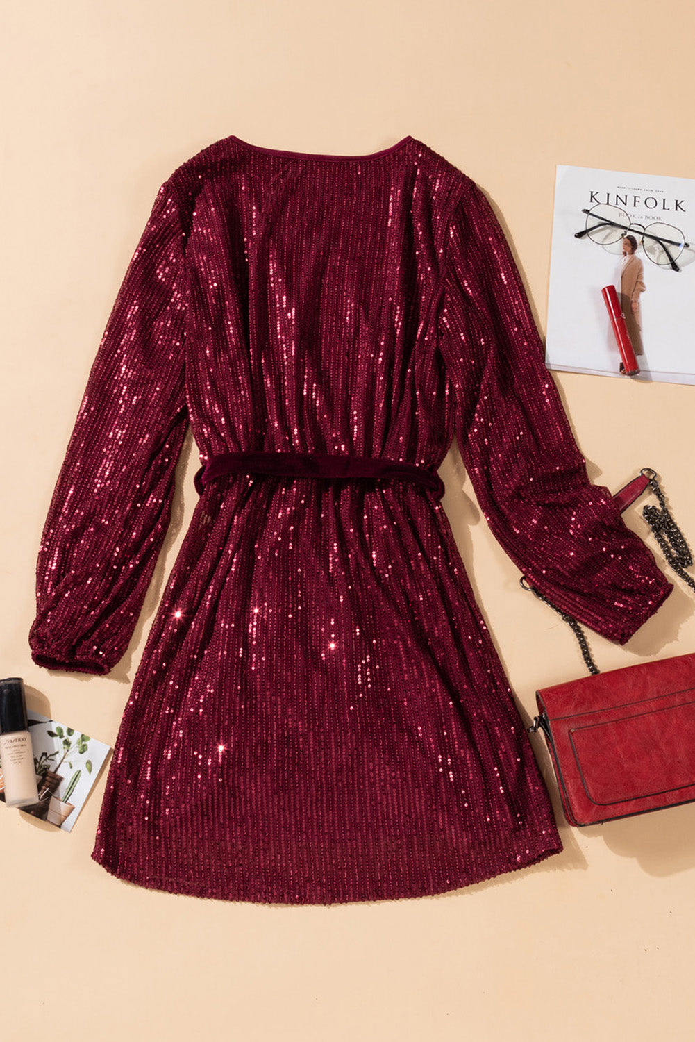 Wine Red Loose Long Sleeve Sequin Dress with Sash - EBEPEX