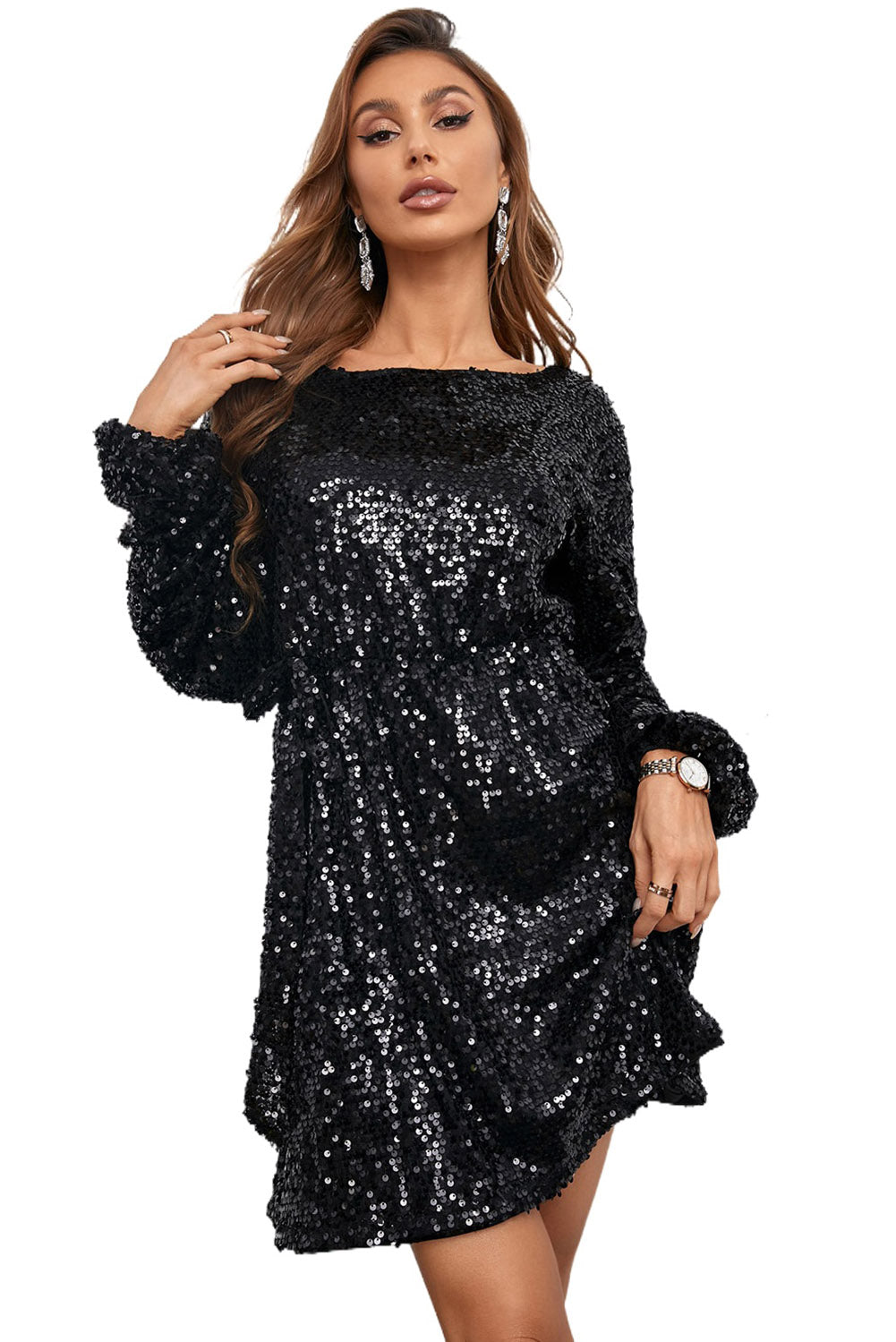 Mini vestido negro de manga larga con lentejuelas - EBEPEX
