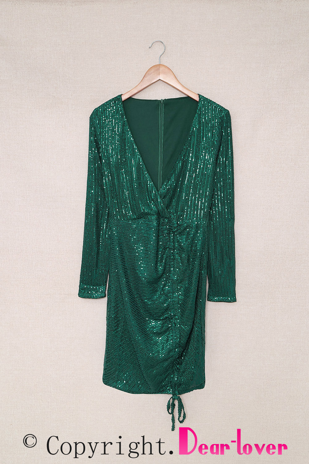Green Sequin Deep V Neck Side Shirring Long Sleeve Mini Dress - EBEPEX