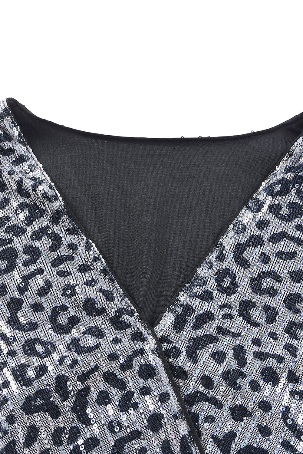 Gray Leopard Sequins V Neck Wrap Dress with Tie - EBEPEX
